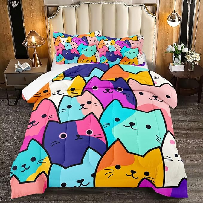 Cat Comforter Set Queen - Queen Size Colorful Cat Comforter Set for Kids Cute Cat Themed Bedding Queen Cartoon Cat Bedding for Girls, 1 Comforter+2 Pillowcases