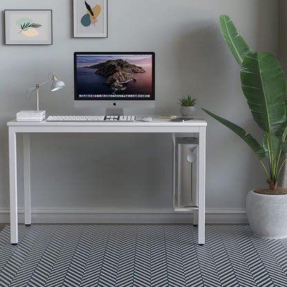 White Computer Desk 47" Writing Desk Study Table with CPU Storage Shelf for Home Office, Workstation, Office, Gaming Room- Sturdy Stable White Metal Frame