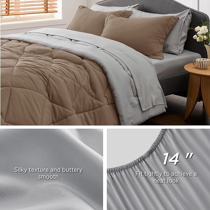 Bedsure Brown King Size Comforter Set - 7 Pieces Reversible King Bed in a Bag, King Bed Set Brown and Grey with Comforters, Sheets, Pillowcases & Shams