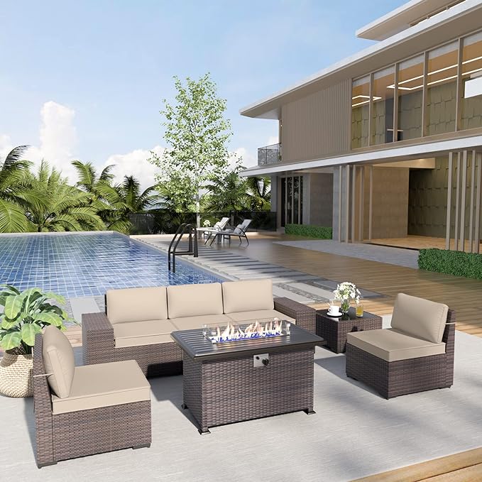 Patio Furniture Sectional Sofa Set 7-Pieces PE Rattan Patio Conversation Set w/43in Gas Fire Pit Table, Outdoor Furniture with 55000 BTU Propane Fire Pit, Sand