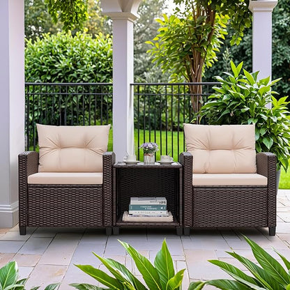 Greesum 3 Pieces Patio Furniture Sets Outdoor PE Rattan Wicker Chairs with Soft Cushion and Glass Coffee Table for Garden Backyard Porch Poolside, Beige