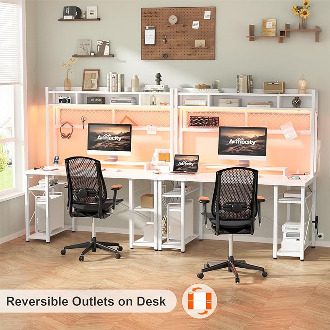 armocity 2024 Upgrade Gaming Desk with Hutch, 48'' Magic Computer Desk with LED Lights and Outlets, Reversible Workstation Desk with Pegboard and Monitor Stand, 48 Gamer Desk PC Table, White