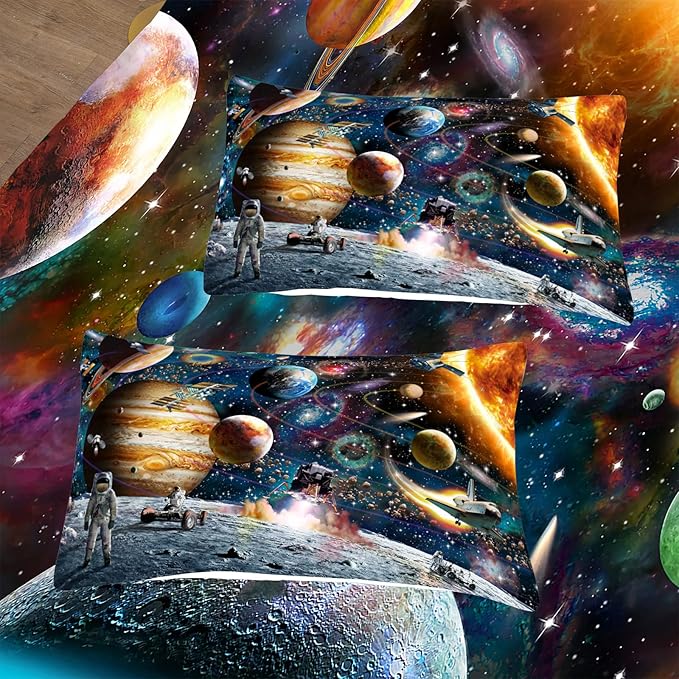Tailor Shop Universe Galaxy Comforter Set for Girls Boys Kids Galaxy The Planet The Earth Astronaut Stars Outer Space Bedding Set Full Size with 1 Comforter 2 Pillowcases,18………