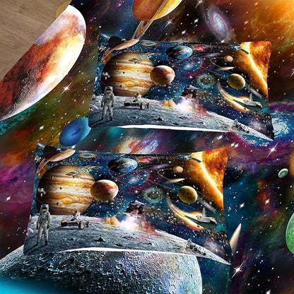 Tailor Shop Universe Galaxy Comforter Set for Girls Boys Kids Galaxy The Planet The Earth Astronaut Stars Outer Space Bedding Set Full Size with 1 Comforter 2 Pillowcases,18………