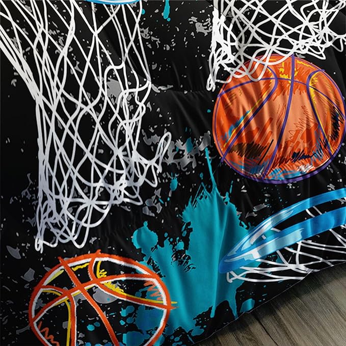 Axolotl Basketball Comforter Set Full,Sports Comforter Set,Basketball Bedding Set,Sports Theme Comforter Set,Grunge Bedding Aesthetic Cool Style for Boys Kids Men,1 Quilt 2 Pillowcases,Black Blue