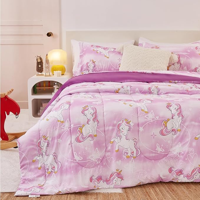 Unicorn Kids Comforter Set for Girls Twin, Cute Reversible Quilted Lavender Printed Bedding Set with Pillow Sham, Lightweight Soft Breathable Machine Washable Bed Set 2 Piece