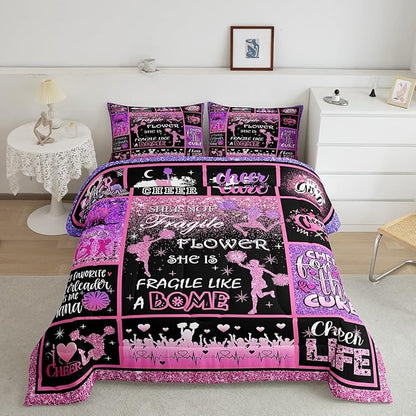 Cheerleading Comforter Set Cheer Gifts,Cheerleader Loves Bedding Set for Kids Girls Teens Adult,Cheer Pink (no real) Sequins Quilt Set Twin Geometric Plaid Patchwork Duvet Insert with 1 Pillowcase