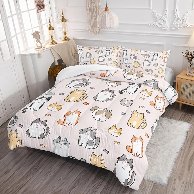 Kids Cute Cat Comforter Set Queen Size 3Pcs Cartoon Pet Cat Fishing Bedding Set Lovely Animal Quilt Bed Set for Children Girls Boys Room Decor