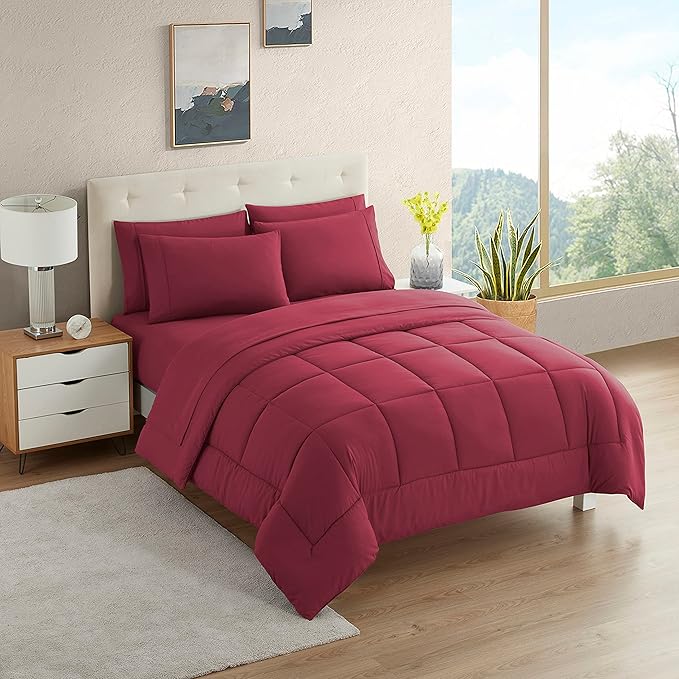 Dorm Room Essentials College Bedding Comforter Set 7 Piece Full Size Bed in a Bag for College Students Boys and Girls, Full, Burgundy