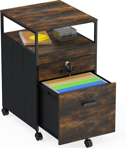 SHW Rolling File Cabinet w/ 2 Drawers & Open Shelf, Rustic Brown