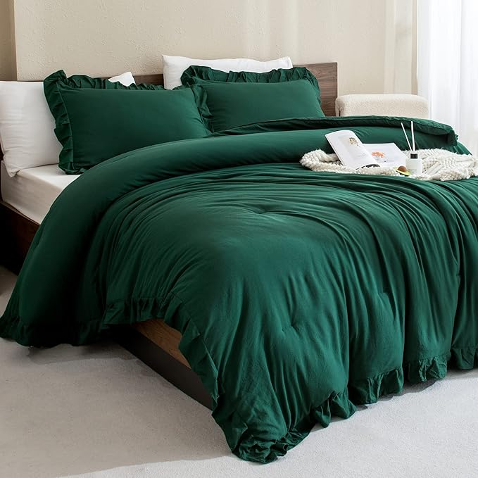 Andency Dark Emerald Green Comforter Set King, 3 Pieces Lightweight Ruffle Bedding Comforter Sets, Farmhouse Ruffle Bed Comforter Set, Lightweight and Soft Bedding Comforter for All Seasons