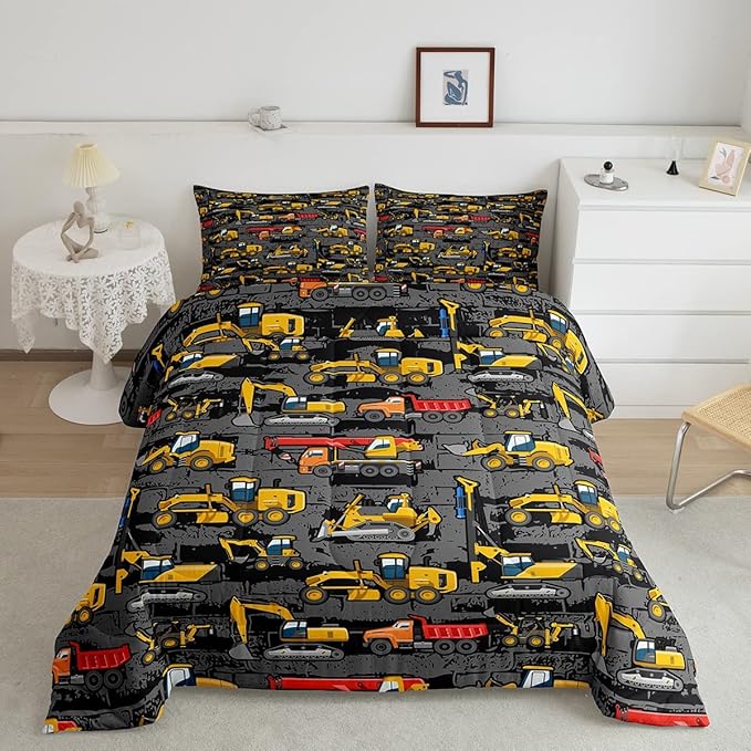 Erosebridal Excavator Comforter Set King,Tractor Construction Bedding Set for Kids Boys Teens Truck Room Decor,Cartoon Vehicle Car Bedding Comforter Construction Site Duvet Set Yellow Dark Grey 3 Pcs
