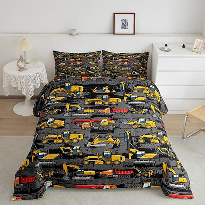 Tractor Comforter set Queen,Construction Bedding Comforter Bedroom Decor For Boys Kids Teens,Cartoon Excavator Truck Down Comforter Vehicle Cars Bed Set For All Season Yellow Dark Grey 2 Pillowcases