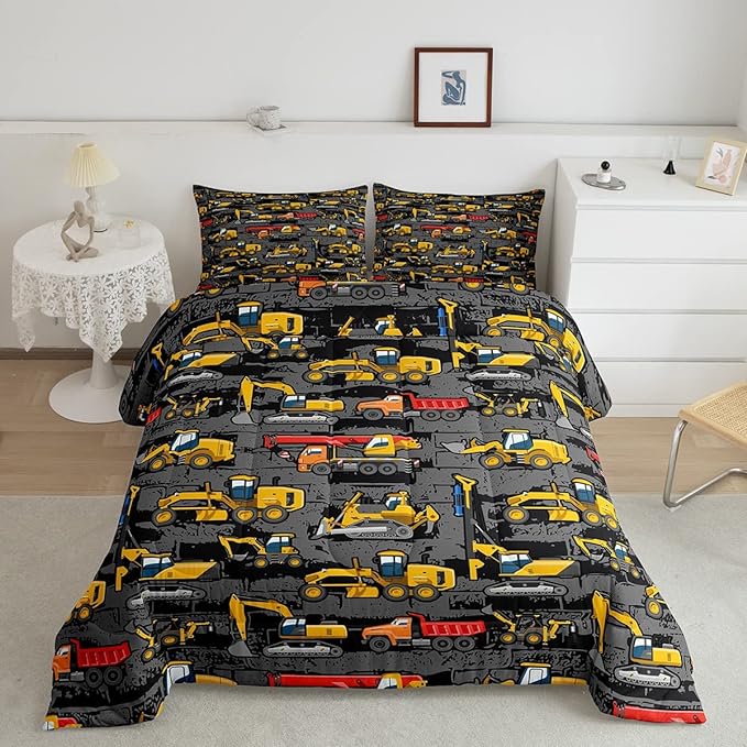 Boys Full Size Construction Comforter Set,Kids Tractor Comforter Yellow Trucks Car Bed Room Decor,Equipment Excavator Bedding Set Cartoon Vehicle Quilt Duvet Set Soft Lightweight Dark Grey 3 Pcs