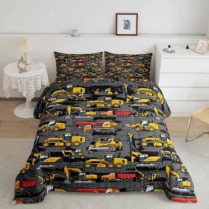 Boys Full Size Construction Comforter Set,Kids Tractor Comforter Yellow Trucks Car Bed Room Decor,Equipment Excavator Bedding Set Cartoon Vehicle Quilt Duvet Set Soft Lightweight Dark Grey 3 Pcs