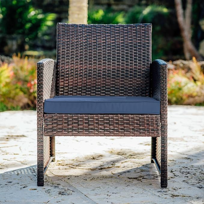 Nestl Wicker Outdoor Furniture Set - 3 Piece Patio Bistro Set (Brown/Navy)