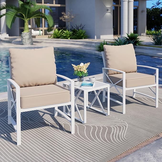 Shintenchi 3 Piece White Metal Outdoor Furniture Sectional Set, Modern Outdoor Metal Chair Conversation Furniture Set with Coffee Table for Patio,Backyard,Balcony (Khaki)