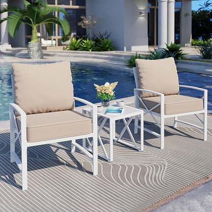 Shintenchi 3 Piece White Metal Outdoor Furniture Sectional Set, Modern Outdoor Metal Chair Conversation Furniture Set with Coffee Table for Patio,Backyard,Balcony (Khaki)