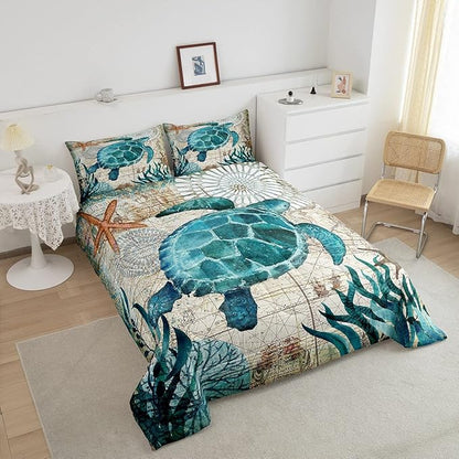 Turtle Bedding Teal Turtle Comforter Set Turquoise Ocean Themed Mediterranean Style Printed Design Ocean Turtle Down Comforter Quilted Duvet Set Full Size 1 Comforter 2 Pillowcases (Full, Turtle)