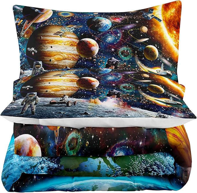 Tailor Shop Universe Galaxy Comforter Set for Girls Boys Kids Galaxy The Planet The Earth Astronaut Stars Outer Space Bedding Set Full Size with 1 Comforter 2 Pillowcases,18………