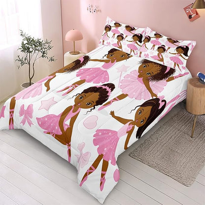 Full Bedding Sets for Girls, African American Magic Comforter Set with Ballet Dancer, Pink Bed Set for Kids Teens, Little Girls Bedroom Decor