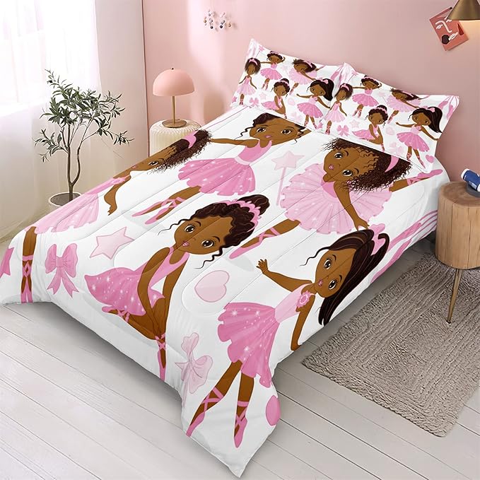 Twin Bedding Sets for Girls, African American Magic Comforter Set with Ballet Dancer, Pink Bed Set for Toddler Kids Teens, Little Girls Bedroom Decor