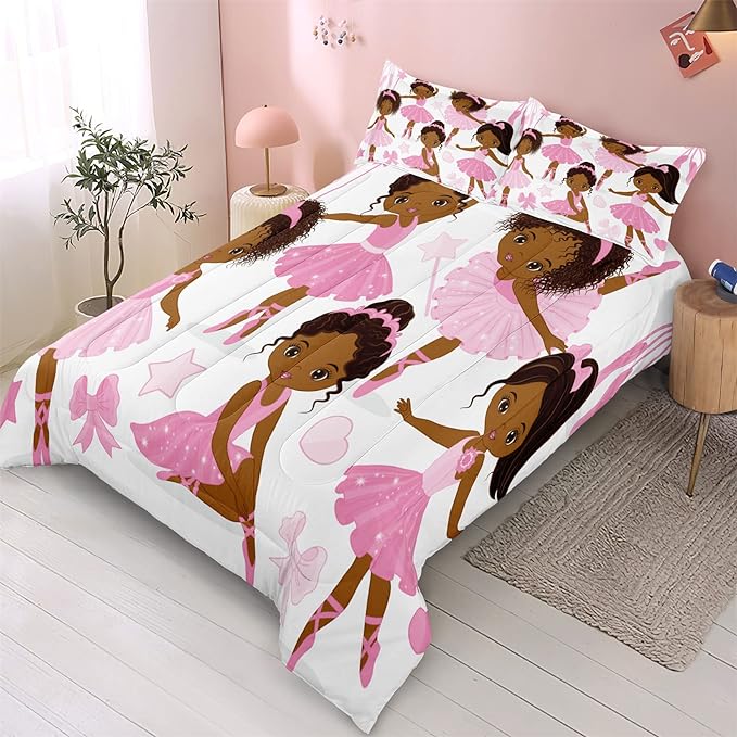 Queen Bedding Sets for Girls, African American Magic Comforter Set with Ballet Dancer, Pink Bed Set for Toddler Kids Teens, Little Girls Bedroom Decor
