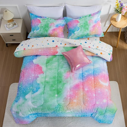 A Nice Night Galaxy 6pcs Kids Bed in a Bag Outer Space Comforter 3D Printed Space Quilt Set Glitter Pink Green Color,for Children Boy Girl Teen Kids,Queen