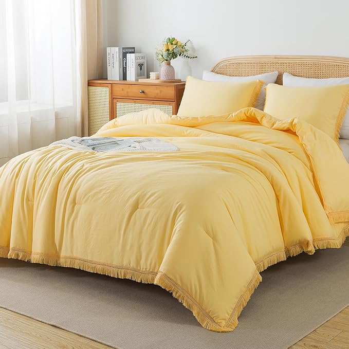 Andency Yellow Tassel Comforter Set Queen(90x90Inch), 3 Pieces(1 boho Comforter, 2 Pillowcases) Farmhouse Shabby Chic Comforter Set, Soft Microfiber Lightweight Fringe Bedding Comforter Set