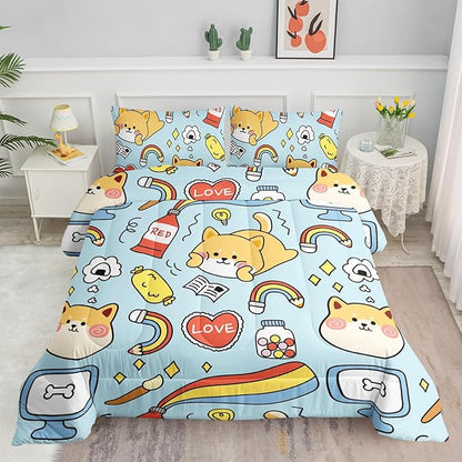 Datura home Kids Comforter Set Kawaii Dogs Bedding Cute Shiba Inu Corgi Printed Pattern Decor with 1 and 2 Pillowcases for Boys Girls All Season(Blue Inu), Twin 68x86inches