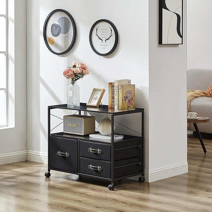 VECELO Fabric Lateral Filing Cabinet Rolling Printer Fits Letter Size, 3 Drawers Mobile Stand with Open Storage Shelf,for Home Office,Vintage Black