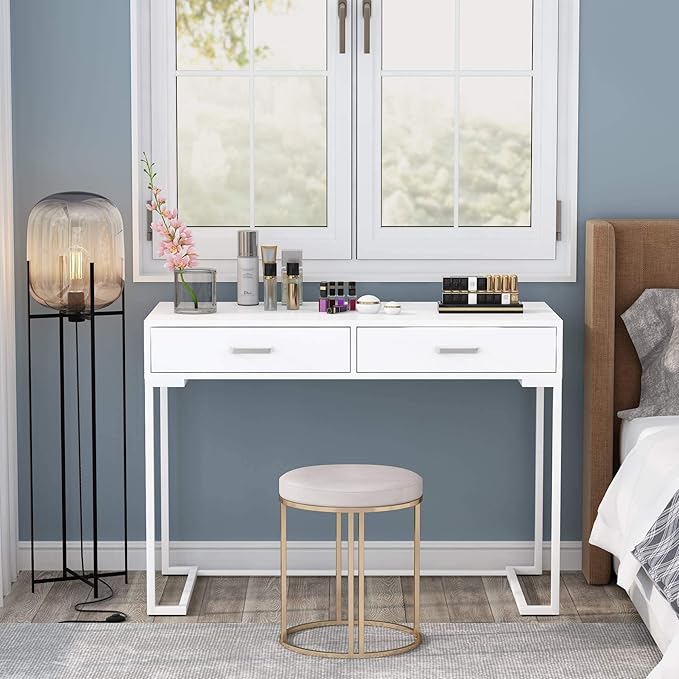 Tribesigns 40 Inch White Computer Desk, White Writing Desk with 2 Drawers, Modern Simple Study Desk Makeup Vanity Table for Bedroom Small Spaces