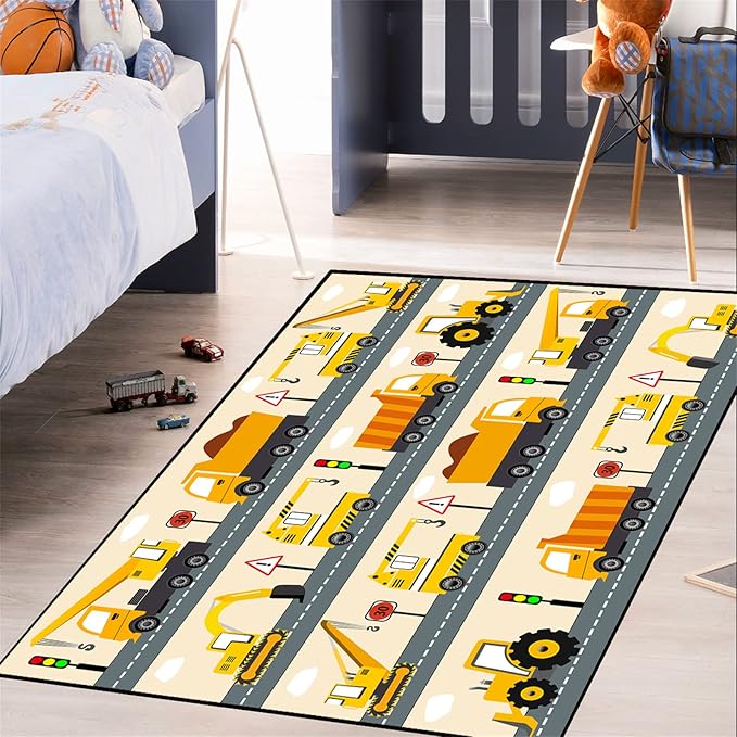 Construction Rug Car Rug Construction Rugs for Boys Room Cartoon Truck Area Rug Construction Play Mat Car Rug for Boys Room Construction Decor for Boys Room 3'×4'