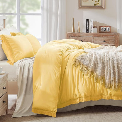 Andency Yellow Tassel Comforter Set Queen(90x90Inch), 3 Pieces(1 boho Comforter, 2 Pillowcases) Farmhouse Shabby Chic Comforter Set, Soft Microfiber Lightweight Fringe Bedding Comforter Set