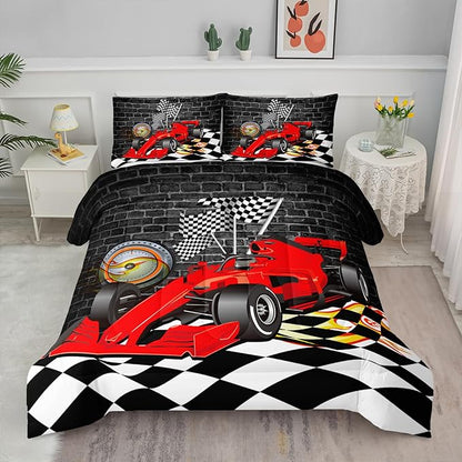 Axolotl Race Car Comforter Set Twin Size,Extreme Sports Bedding Set for Boys Teens Kids Girls Room Decor,Cool Speed Car Quilt Bed Set with 1 Comforter 2 Pillowcases Car Racing Gifts,Black Red