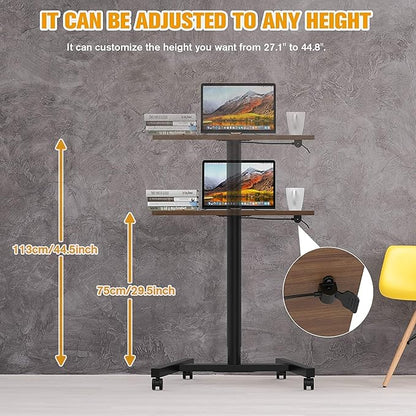 28-Inch Height Adjustable Laptop Desk, Sit-to-Stand Desk with Lockable Wheels, Rolling Standing Mobile Desk Cart for Home Office Classroom (Coffee)