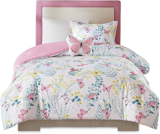 Mi Zone Kids Cynthia Comforter for Girls Microfiber Animal Butterfly Print, Modern All Season Down Alternative Kids Bed Set, Matching Sham, Decorative Pillow, Full/Queen, Pink 4 Piece