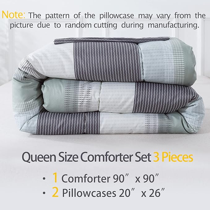 Andency Stripe Comforter Set Queen Size (90x90 Inch), 3 Pieces Mint Green Patchwork Striped Comforter, Soft Microfiber Down Alternative Comforter Bedding Set with Corner Loops
