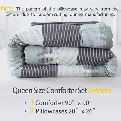 Andency Stripe Comforter Set Queen Size (90x90 Inch), 3 Pieces Mint Green Patchwork Striped Comforter, Soft Microfiber Down Alternative Comforter Bedding Set with Corner Loops