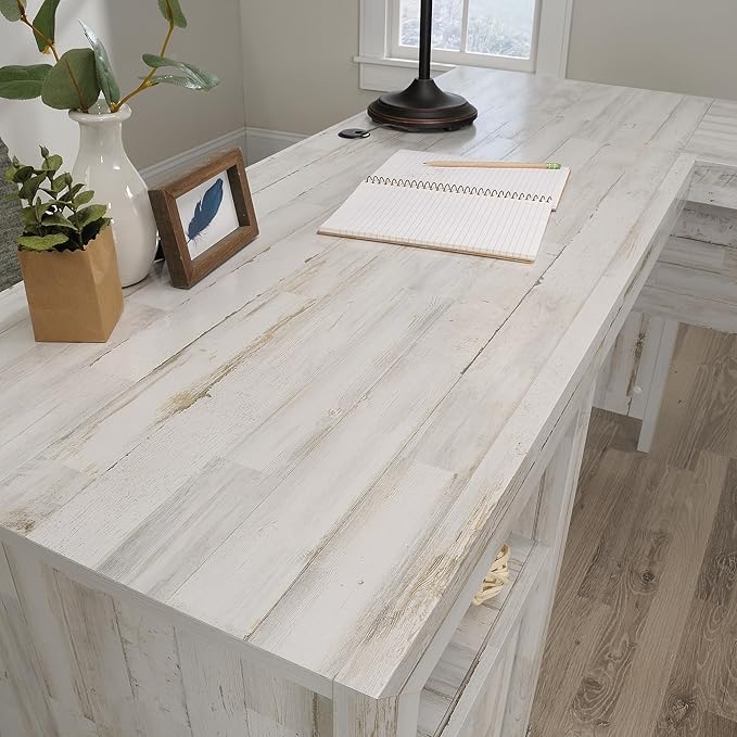 Sauder Dakota Pass L-Desk, L: 59.09" x W: 59.72" x H: 30.00", White Off-White