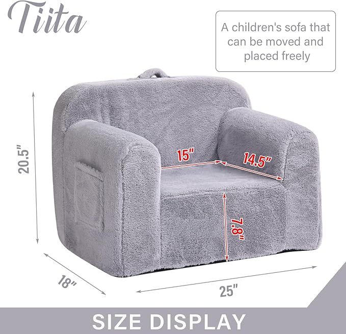 Tiita Kids Sofa, Children Couch with Carrying Handle & Side Pockets, Kids Foam Chair, Toddler Armrest Chair, Lightweight Children Sofa Chair, Kids Read Sofa for Girl or Boy (Grey)