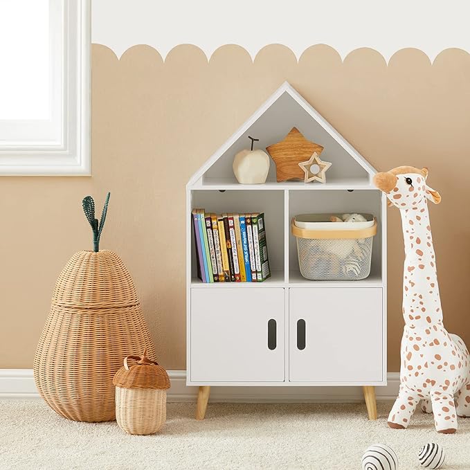 Haotian KMB58-W, Children Kid's Bookcase with 3 Storage Compartments and Cabinet, Bookshelf, Book Rack, Book Holder Organizor
