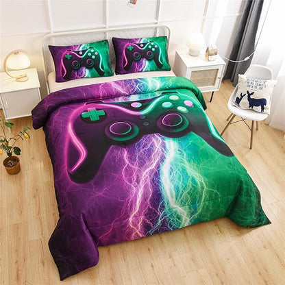 Meeting Story Gamer Gaming Bedding Sets Red Blue Lightnings Gamepad Comforter Set for Boys Games Console Action Buttons Novelty Colorful Modern Room Decor Home Quilt Set (Green-Purple, Full)
