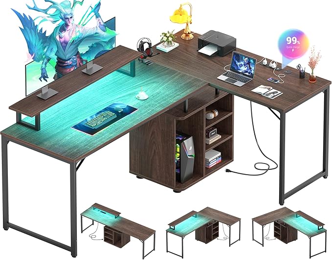 Cyclysio L Shaped Gaming Desk with Wood Cabinet, 58" Large Corner Desk with LED Lights & Power Outlet, Reversible Computer Desk with Monitor Stand, Home Office Desk 2 Person Corner Desk,Rustic Walnut