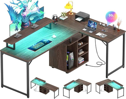 Cyclysio L Shaped Gaming Desk with Wood Cabinet, 58" Large Corner Desk with LED Lights & Power Outlet, Reversible Computer Desk with Monitor Stand, Home Office Desk 2 Person Corner Desk,Rustic Walnut