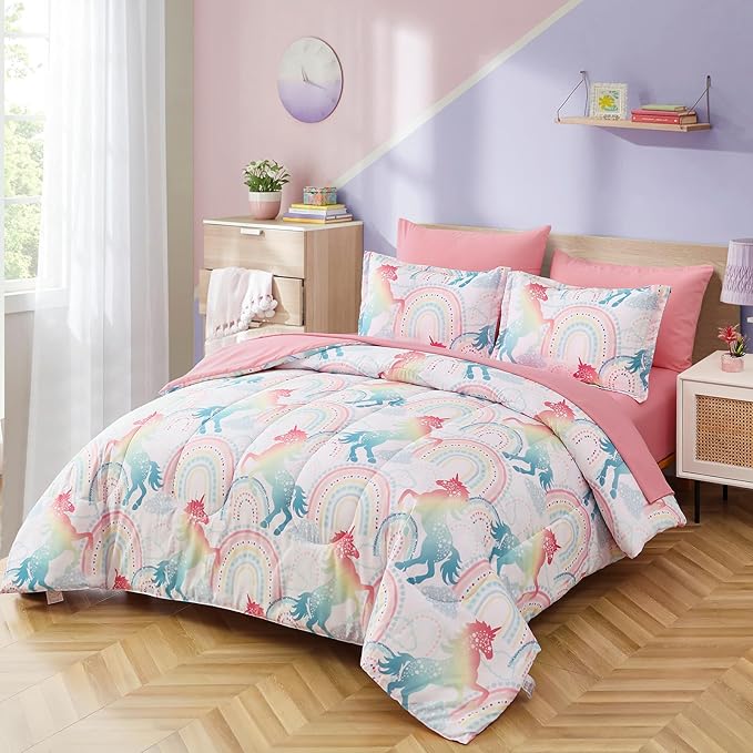 Queen Comforter Set for Girls, 7 Pieces Bed in a Bag, Colorful Unicorn Bedding Comforter Sheet Set, Ultra Soft and Fluffly, Pink & Rainbow Color, Colorful Bed in a Bag for Girls