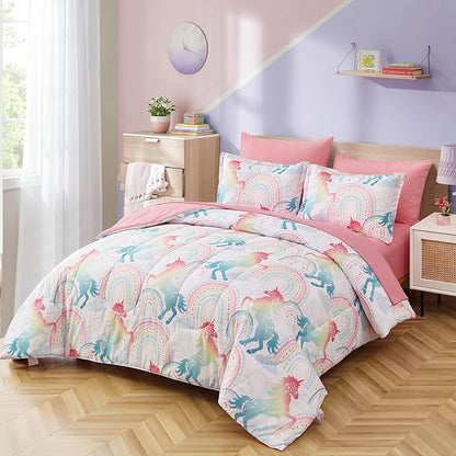 Queen Comforter Set for Girls, 7 Pieces Bed in a Bag, Colorful Unicorn Bedding Comforter Sheet Set, Ultra Soft and Fluffly, Pink & Rainbow Color, Colorful Bed in a Bag for Girls