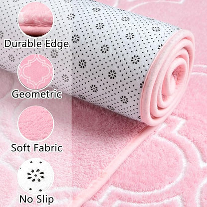 Chicrug Shag Geometric Modern Runner Rug for Bedroom, 2x6 Feet Memory Foam Indoor Hallway Runner Carpet, Fluffy Rug for Living Room Bedside Room Decor for Family, Pink/White