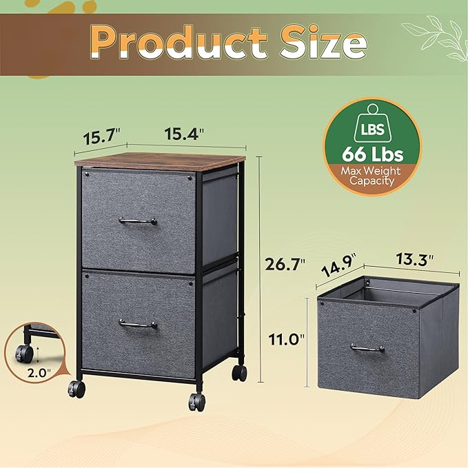DEVAISE 2 Drawer Mobile File Cabinet, Rolling Printer Stand, Fabric Vertical Filing Cabinet fits A4 or Letter Size for Home Office, Rustic Brown