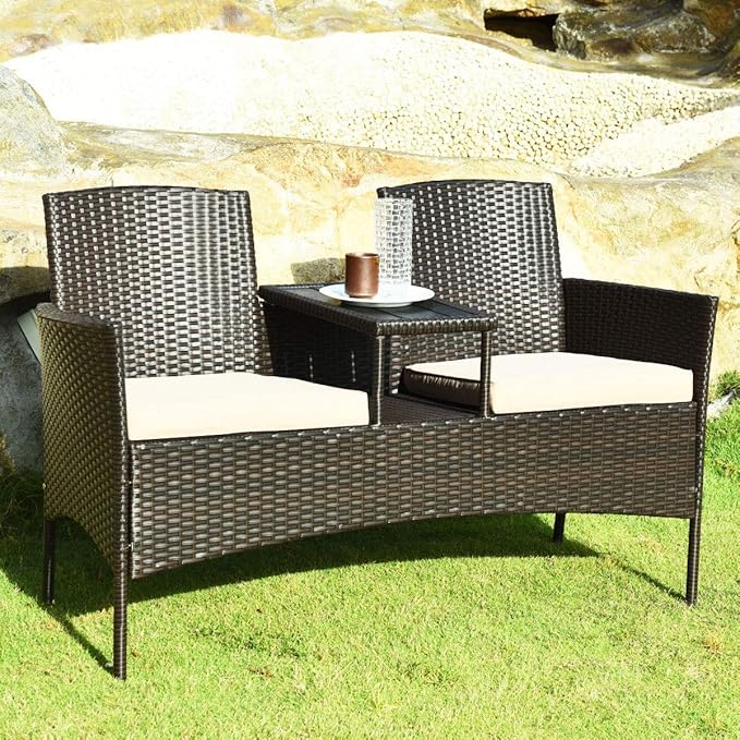 LUARANE Outdoor Rattan Sofas, Contract Patio Conversation Set Wicker Sofa Set with Built-in Coffee Table, Patio Furniture Set with Cushions, Rattan Loveseat for Lawn Backyard Garden (Brown+Beige)
